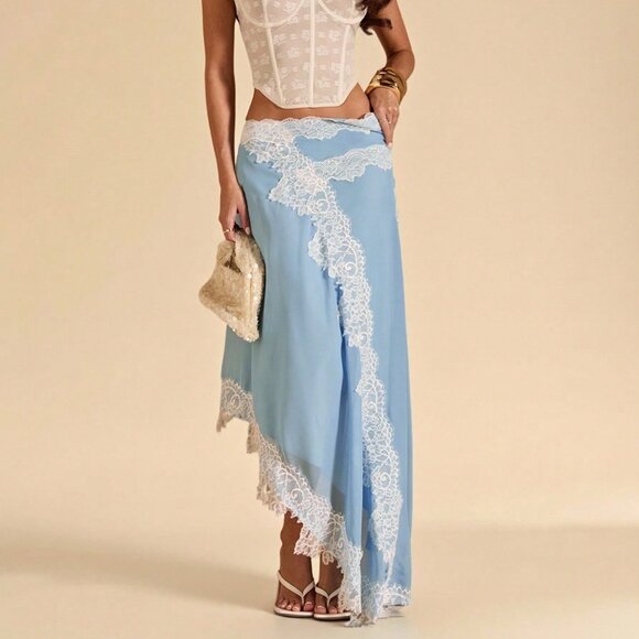 MODA ME COUTURE Dresses & Skirts - Baby Blue Elegant Women's Lace Trim Asymmetric Hem Split Chiffon Skirt
